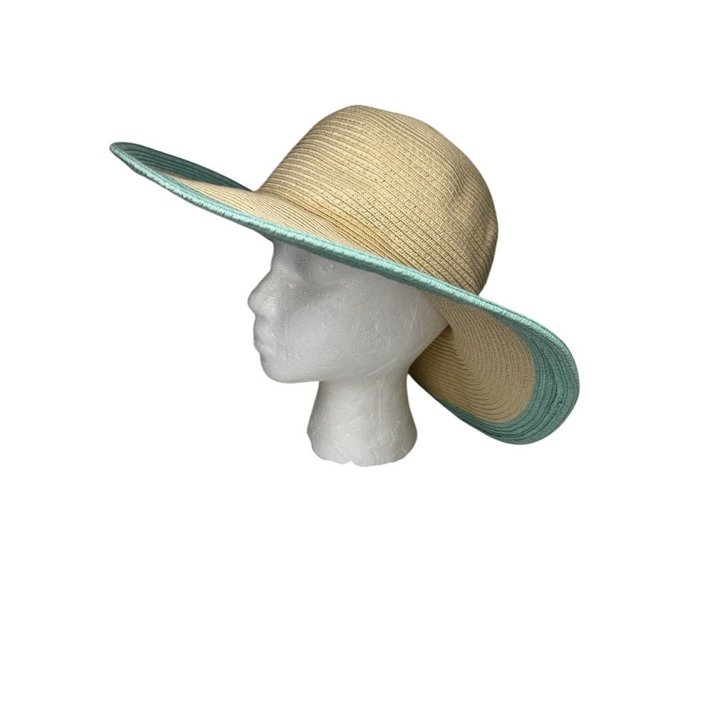 Croft & Barrow‎ Wide Brim Sun Hat Floppy Beige Aqua Trim One Size Summer Boho